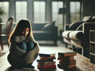 A young girl sitting alone in a spacious, dimly lit home, looking sad.