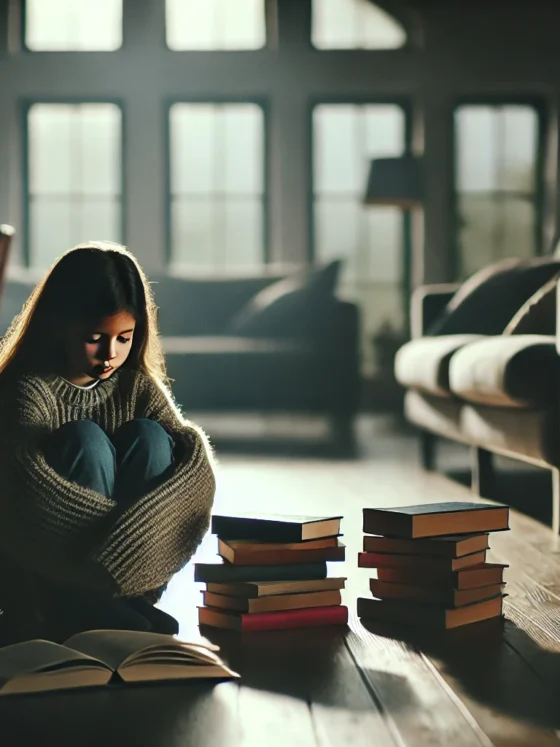 A young girl sitting alone in a spacious, dimly lit home, looking sad.