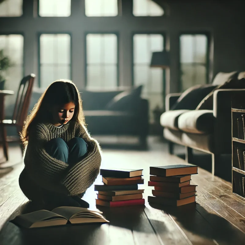 A young girl sitting alone in a spacious, dimly lit home, looking sad.